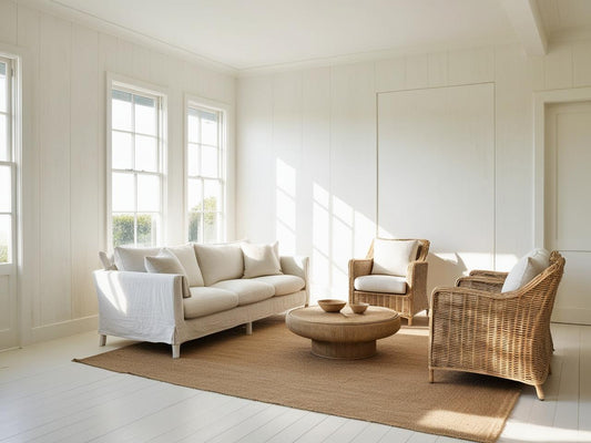 Australian living room in Hamptons style with a light linen sofa, white-washed walls, a jute rug, and wicker furniture. | Rugspot