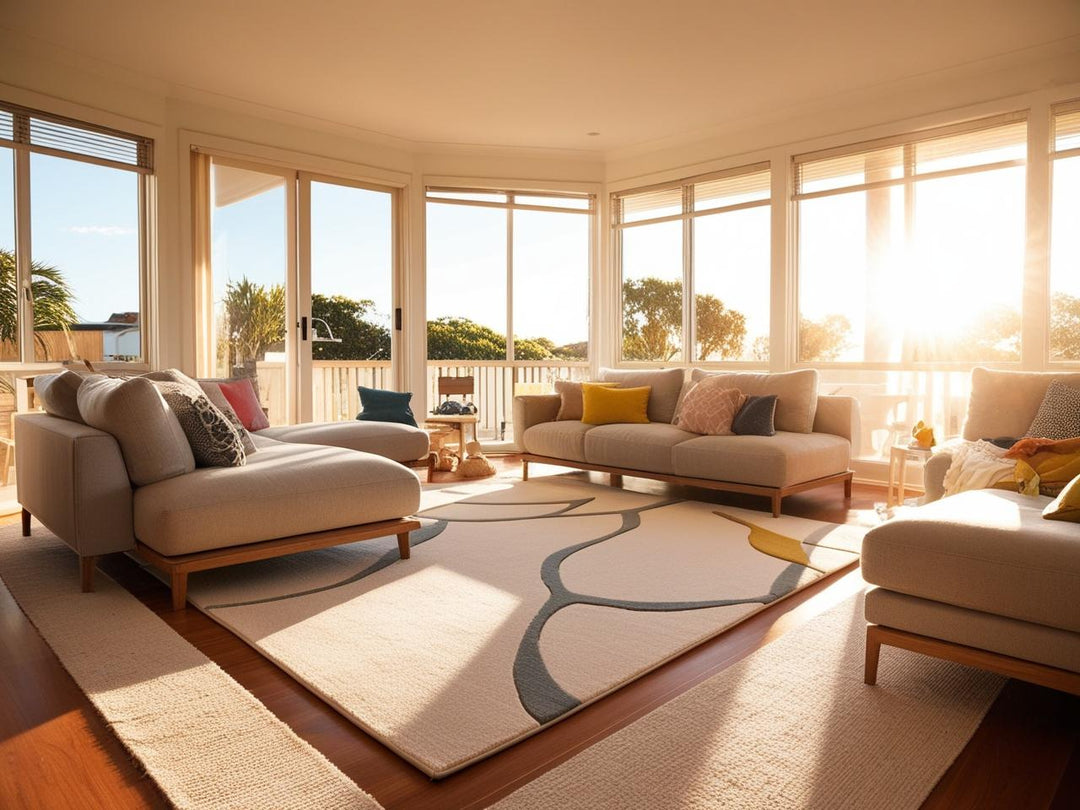 "Australian living room with a modern, neutral rug, complemented by cosy, contemporary furniture and natural lighting | Rugspot