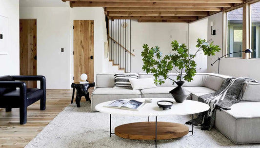 Modern rug in a stylish Australian living room with natural light and coastal decor